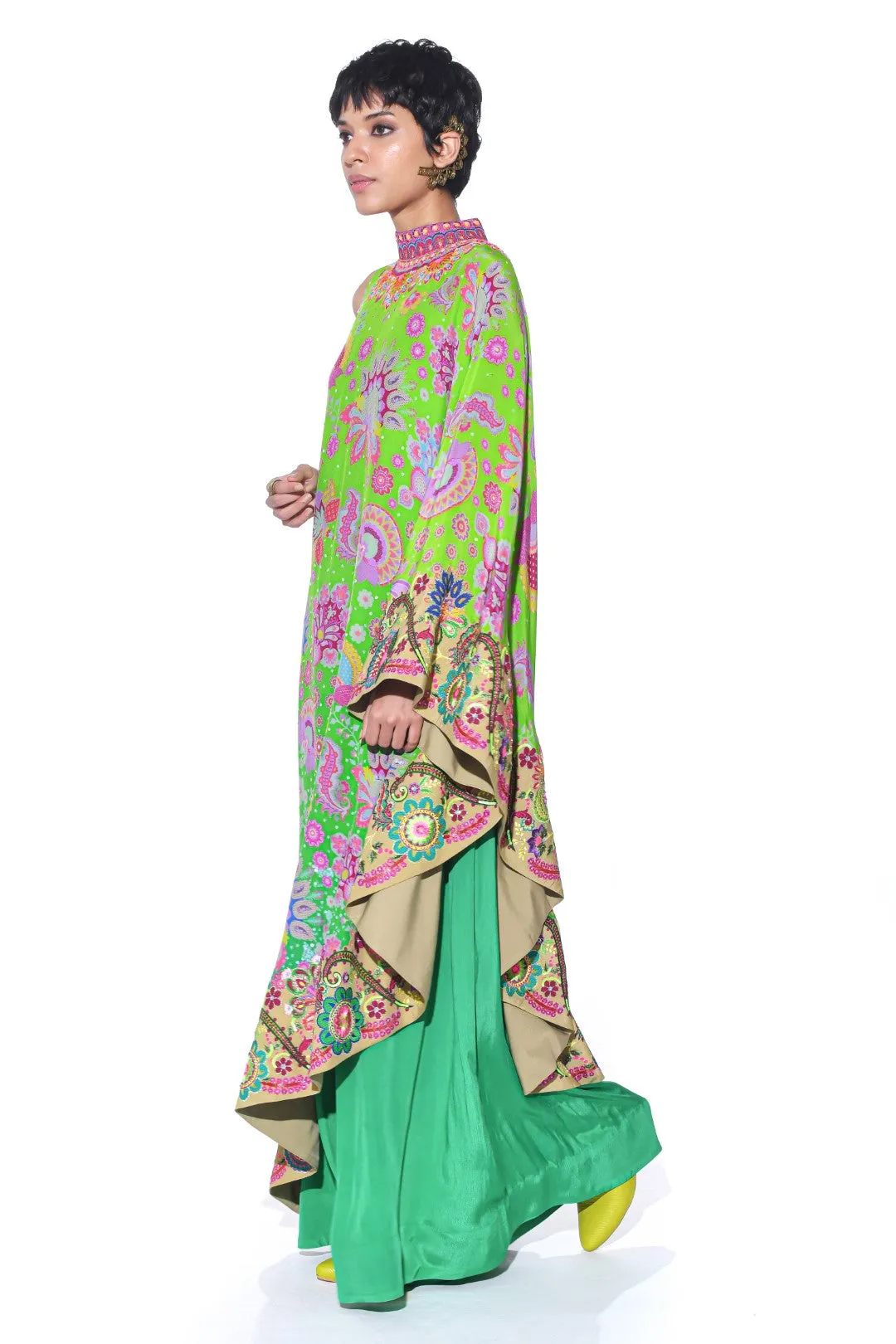 Neon Green Embroidered One Shoulder Dress And Jumpsuit