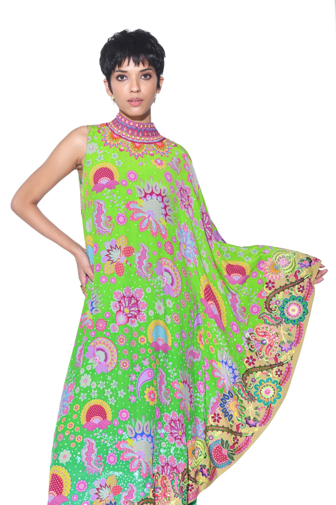 Neon Green Embroidered One Shoulder Dress And Jumpsuit