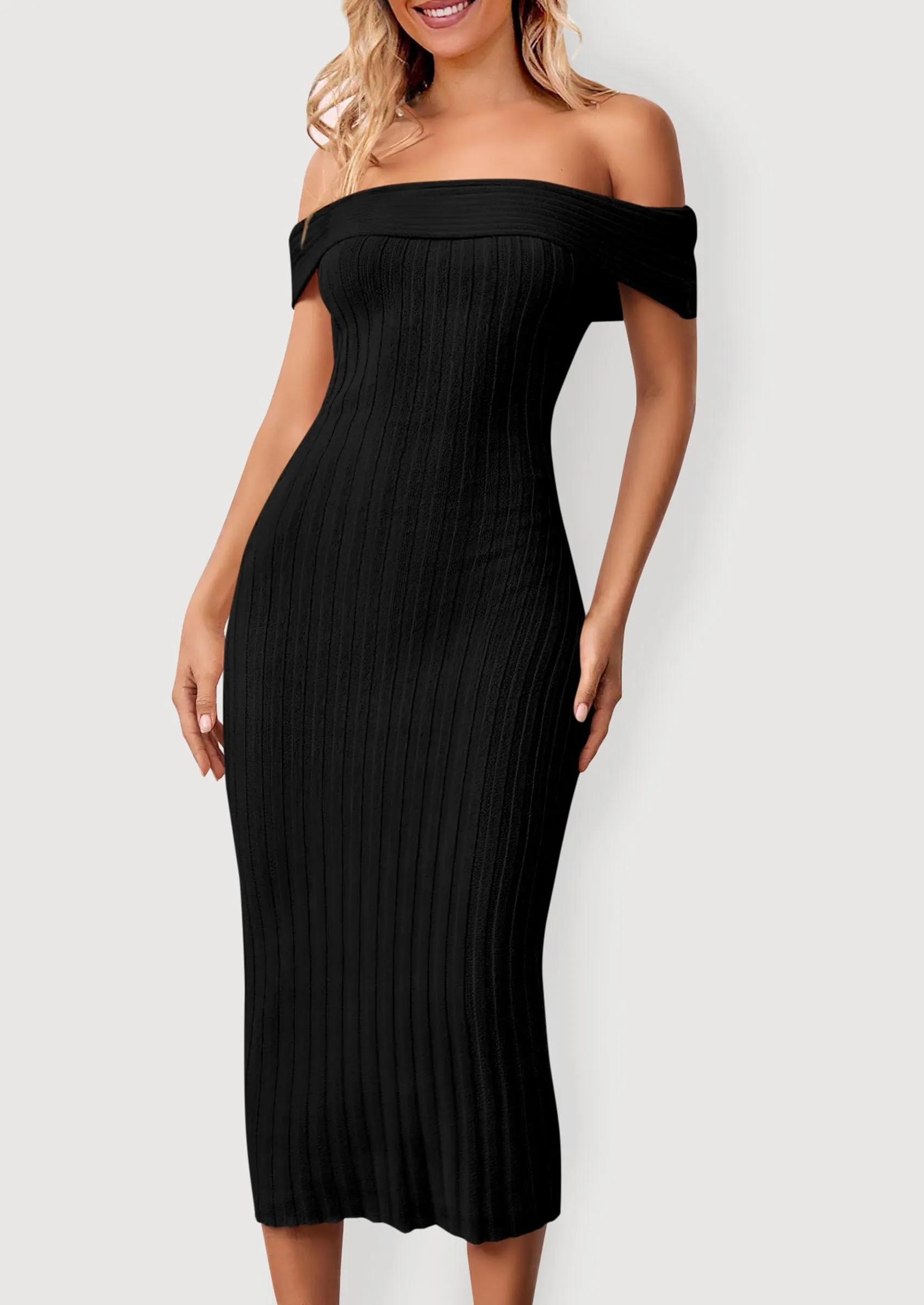 Off The Shoulder Elegant Ribbed Knit Bodycon Wedding Guest Sweater Midi Dresses