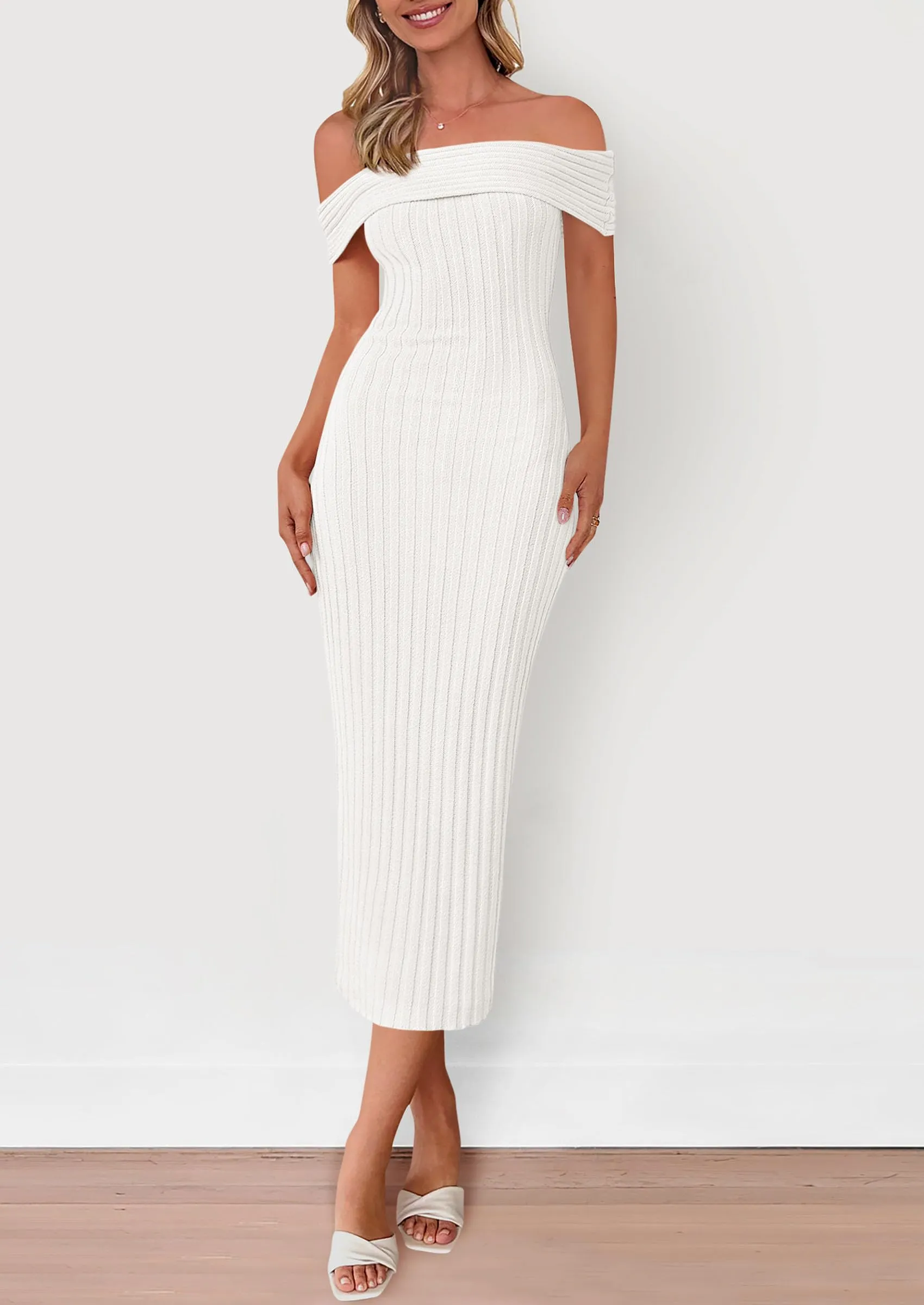 Off The Shoulder Elegant Ribbed Knit Bodycon Wedding Guest Sweater Midi Dresses