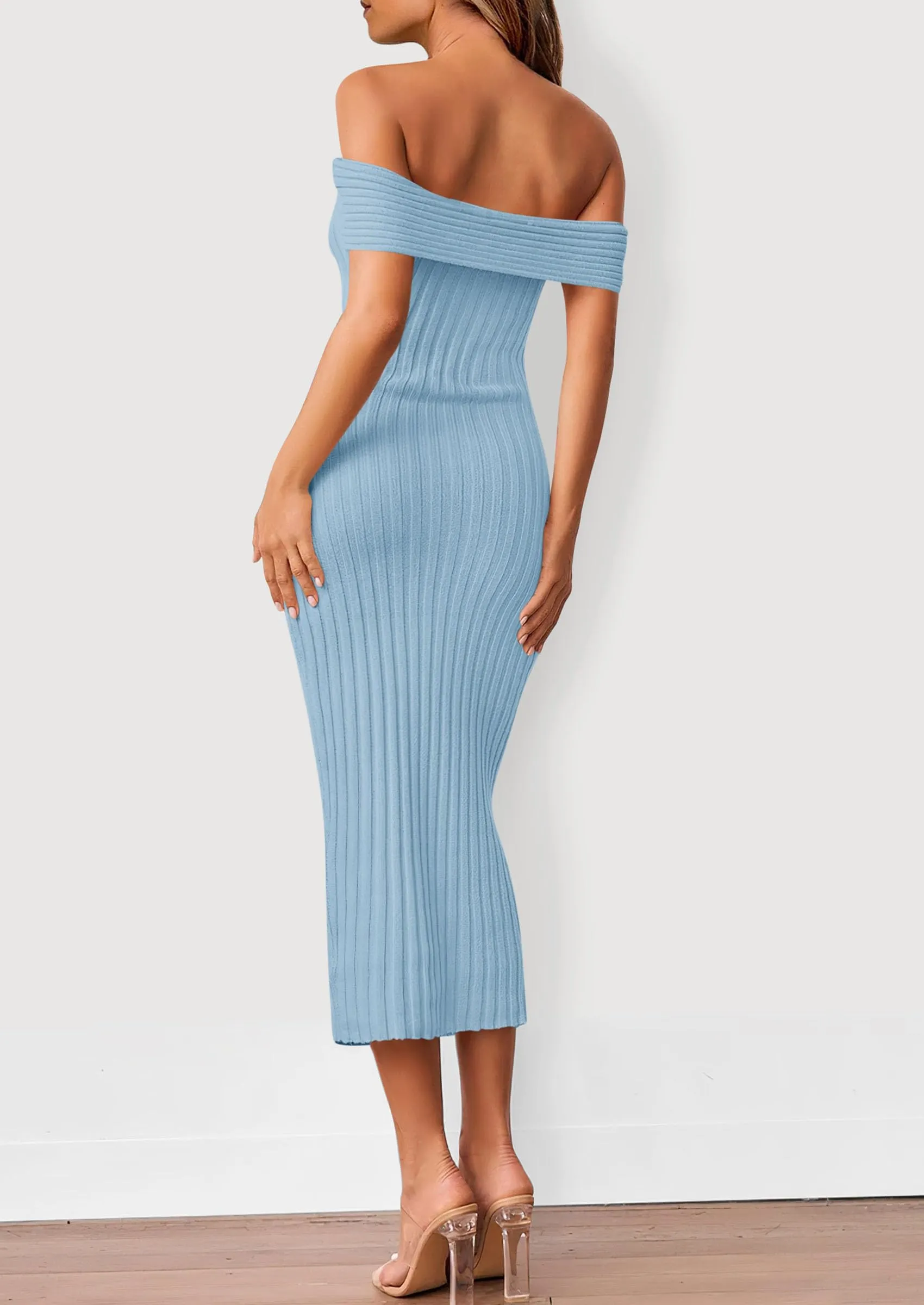 Off The Shoulder Elegant Ribbed Knit Bodycon Wedding Guest Sweater Midi Dresses