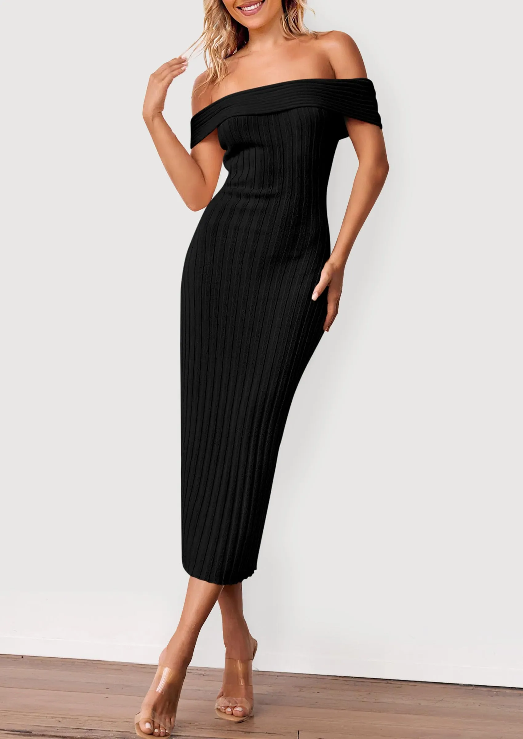 Off The Shoulder Elegant Ribbed Knit Bodycon Wedding Guest Sweater Midi Dresses