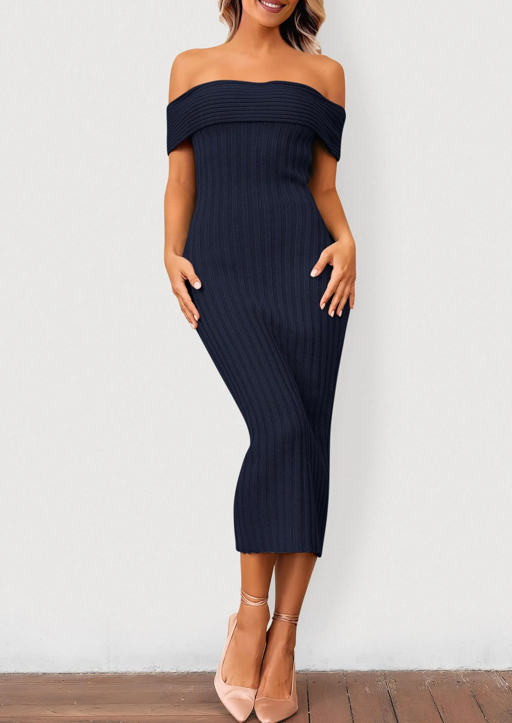 Off The Shoulder Elegant Ribbed Knit Bodycon Wedding Guest Sweater Midi Dresses
