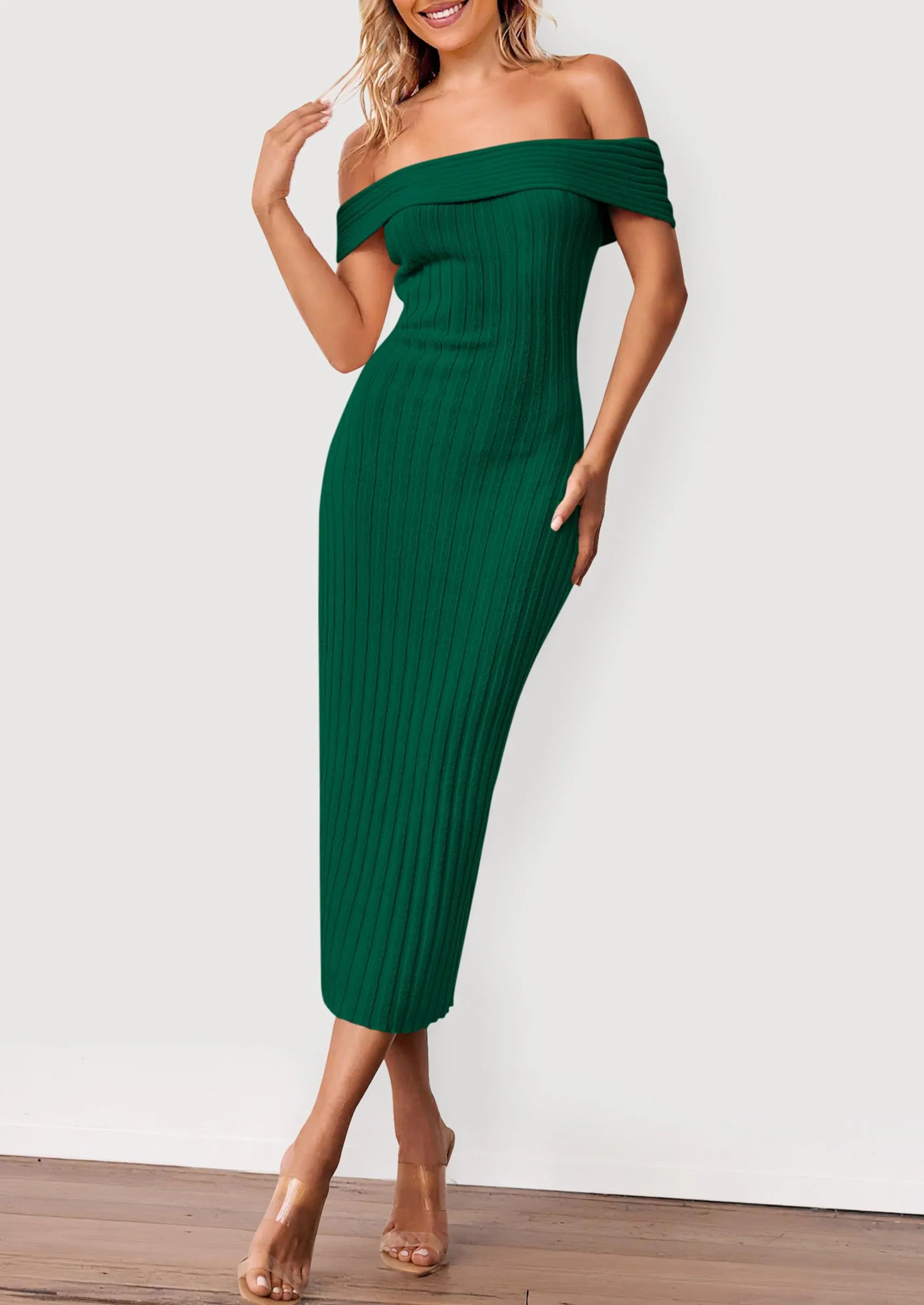 Off The Shoulder Elegant Ribbed Knit Bodycon Wedding Guest Sweater Midi Dresses