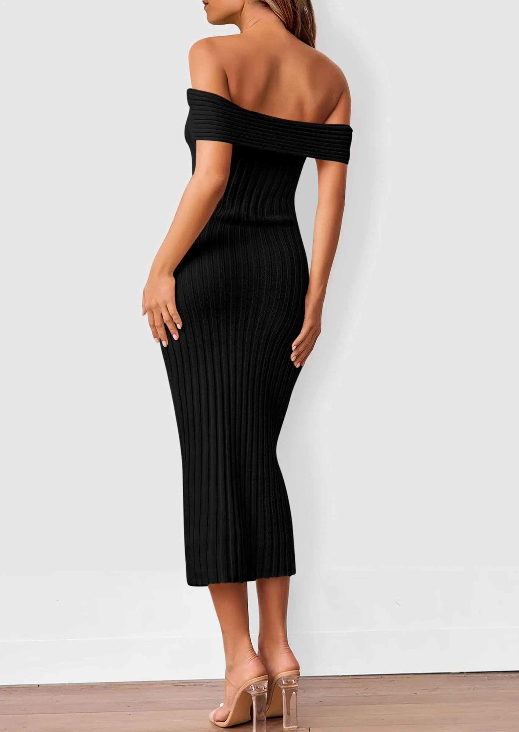 Off The Shoulder Elegant Ribbed Knit Bodycon Wedding Guest Sweater Midi Dresses
