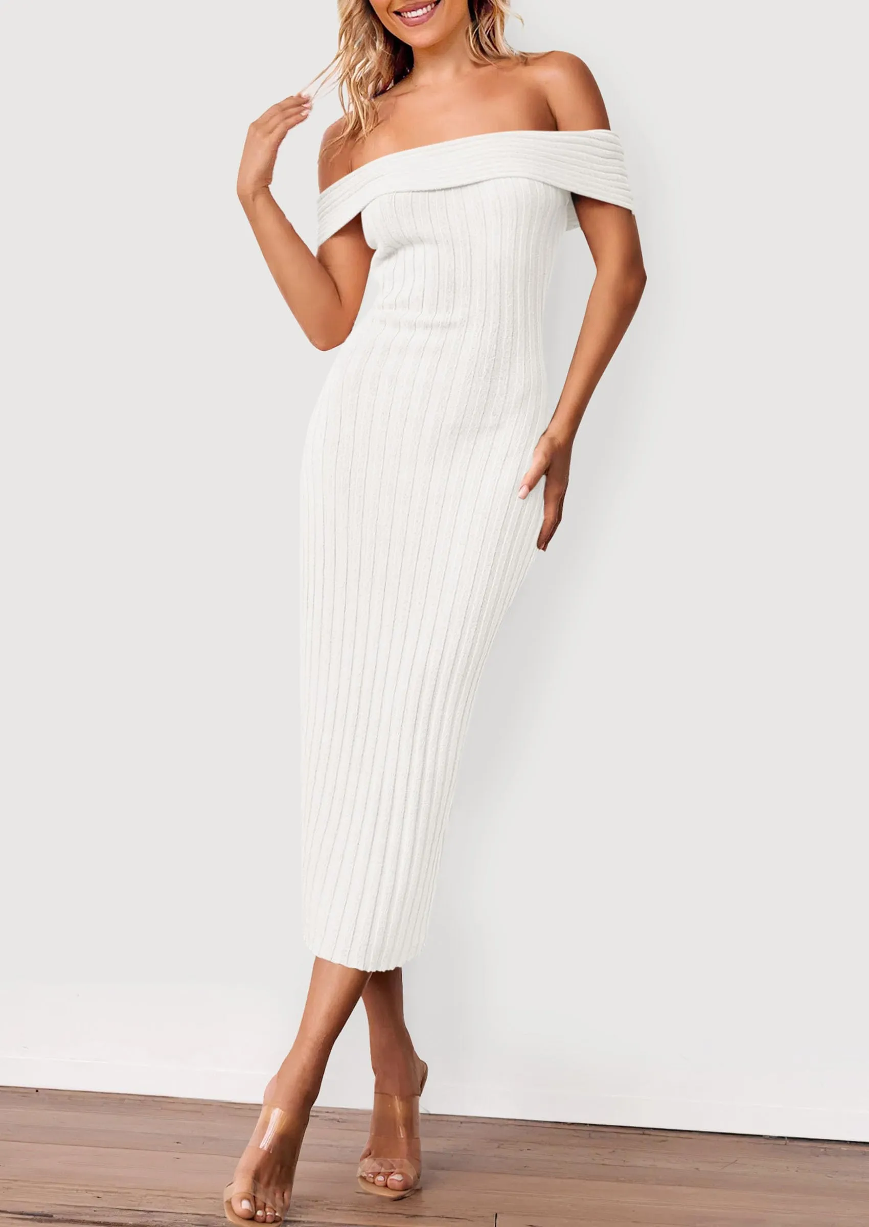 Off The Shoulder Elegant Ribbed Knit Bodycon Wedding Guest Sweater Midi Dresses