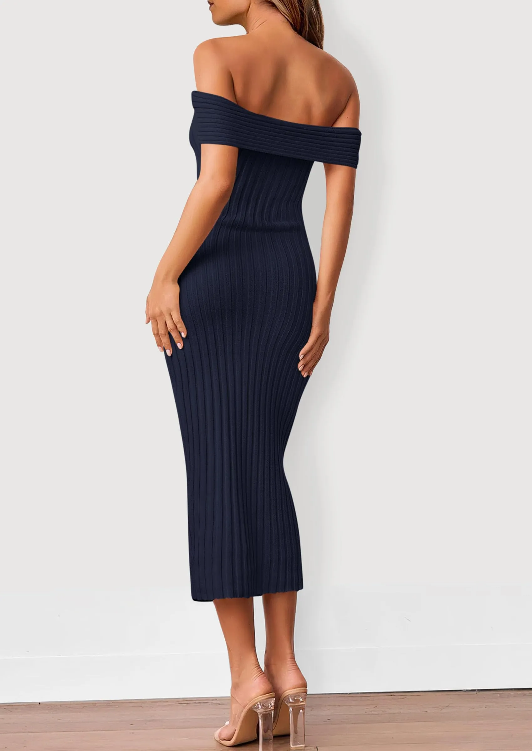 Off The Shoulder Elegant Ribbed Knit Bodycon Wedding Guest Sweater Midi Dresses