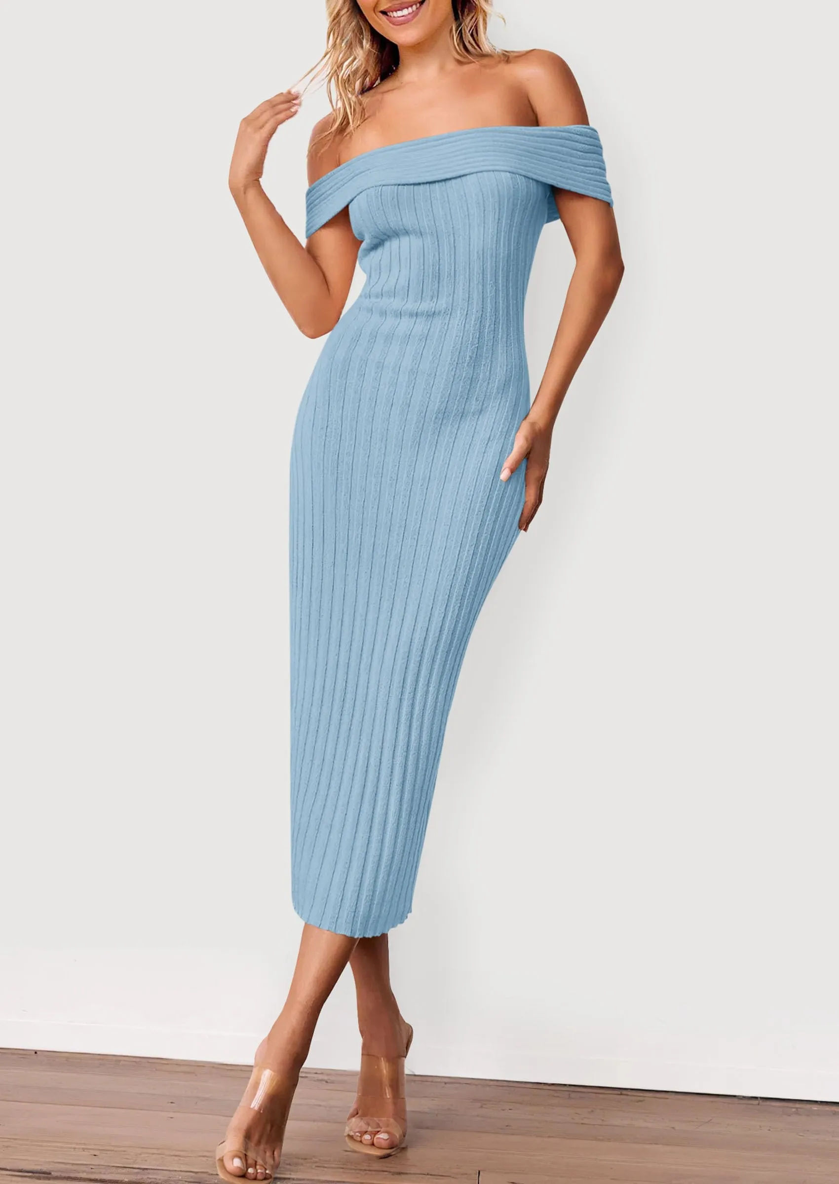 Off The Shoulder Elegant Ribbed Knit Bodycon Wedding Guest Sweater Midi Dresses