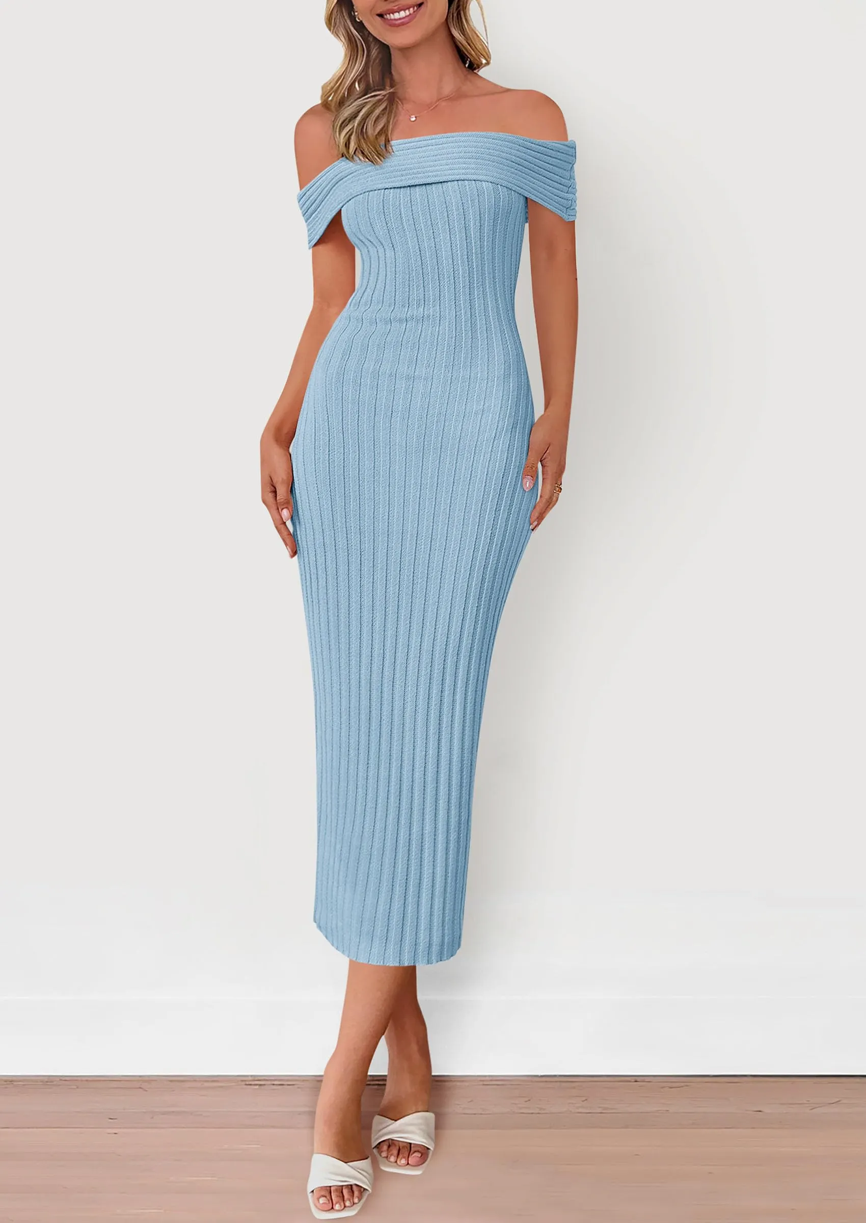 Off The Shoulder Elegant Ribbed Knit Bodycon Wedding Guest Sweater Midi Dresses
