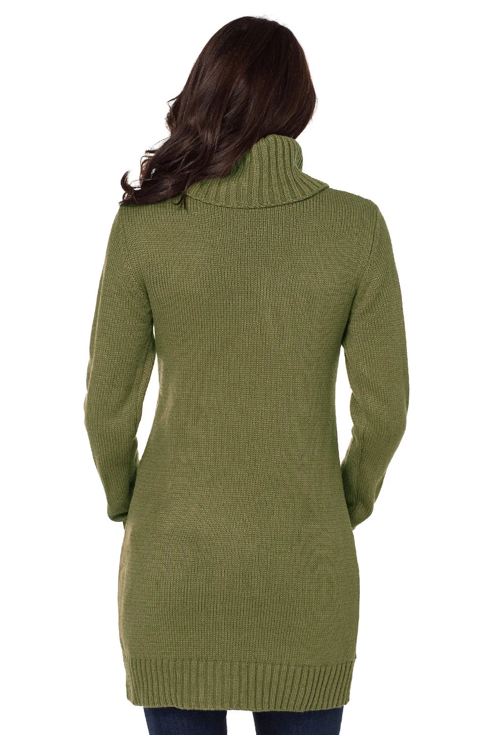 Olive Cowl Neck Pocket Cable Knit Sweater Dress