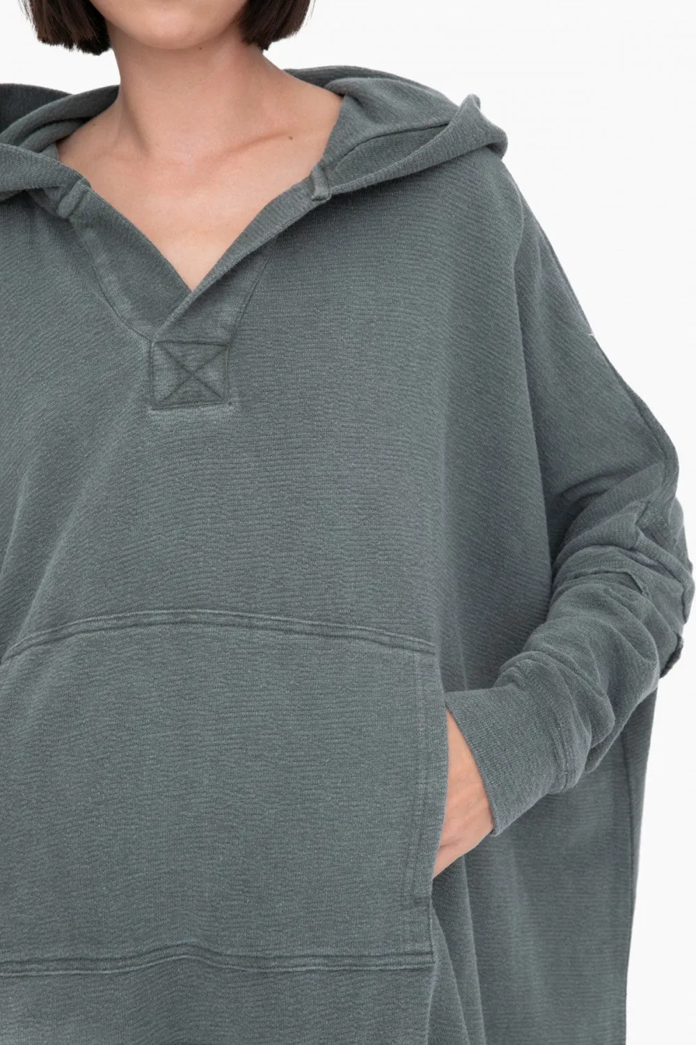 Oversized Cotton Poncho with Hood - Deep Forest