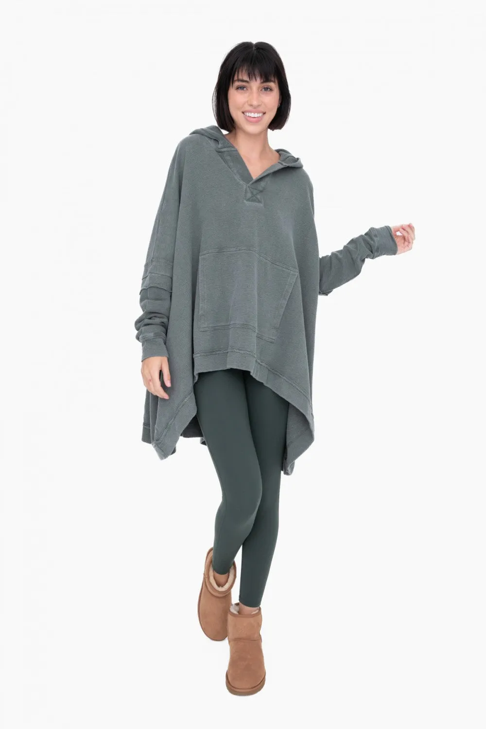 Oversized Cotton Poncho with Hood - Deep Forest