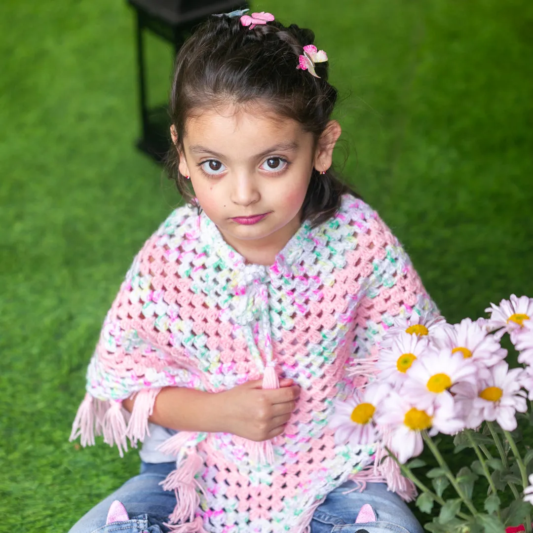 Pink & Shaded Hand-Knitted Soft Woollen Poncho For Girl's