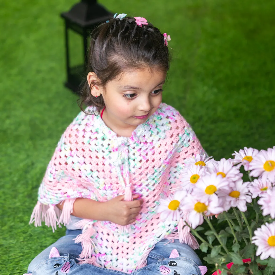 Pink & Shaded Hand-Knitted Soft Woollen Poncho For Girl's