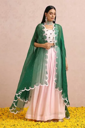 Pink Silk Co-Ord Set With Emerald Cape