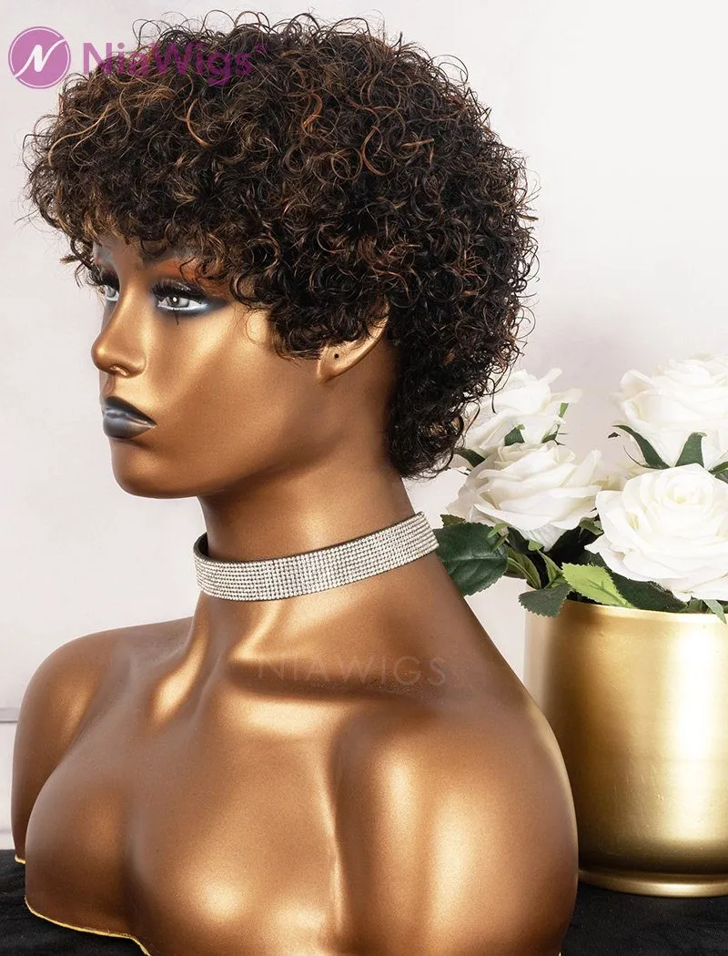 Pixie Cut Bob Human Hair Scalp Top Wig 8 Inches Curly With Bangs Machine Made