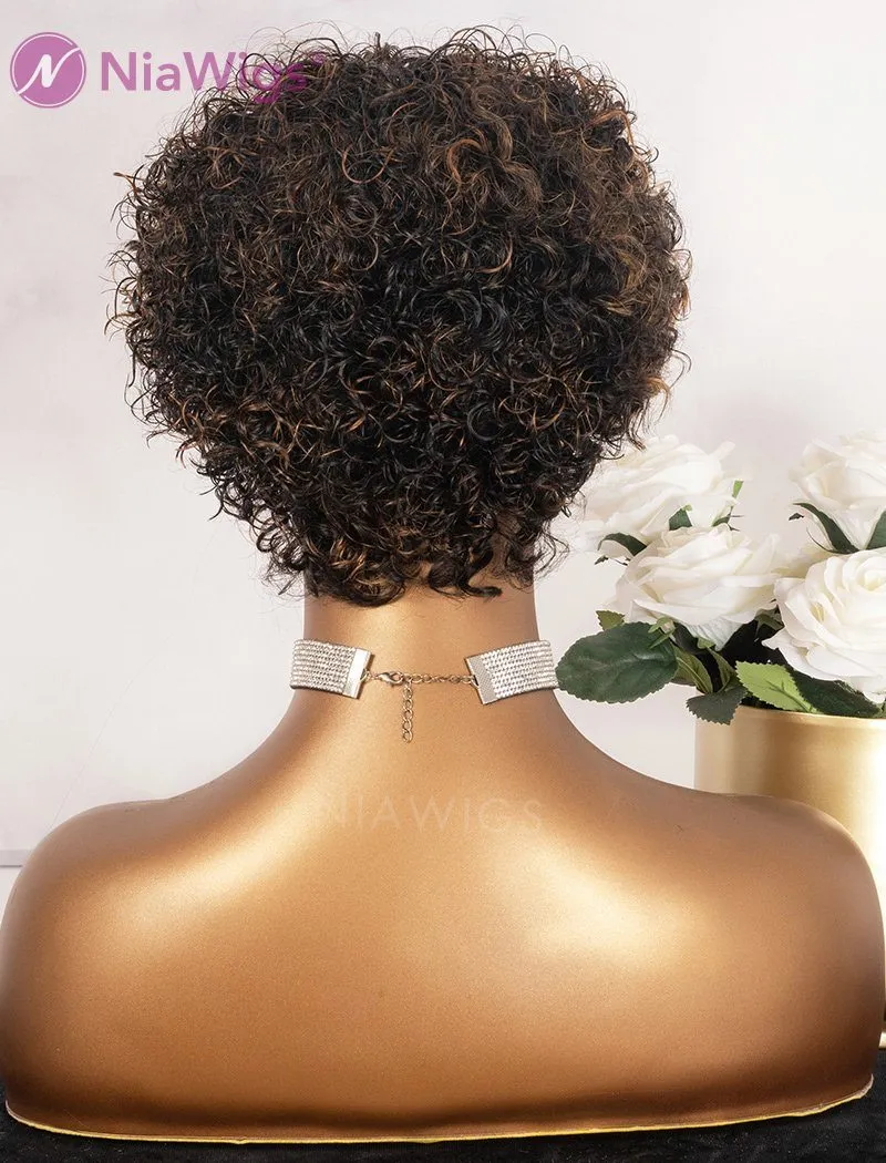 Pixie Cut Bob Human Hair Scalp Top Wig 8 Inches Curly With Bangs Machine Made