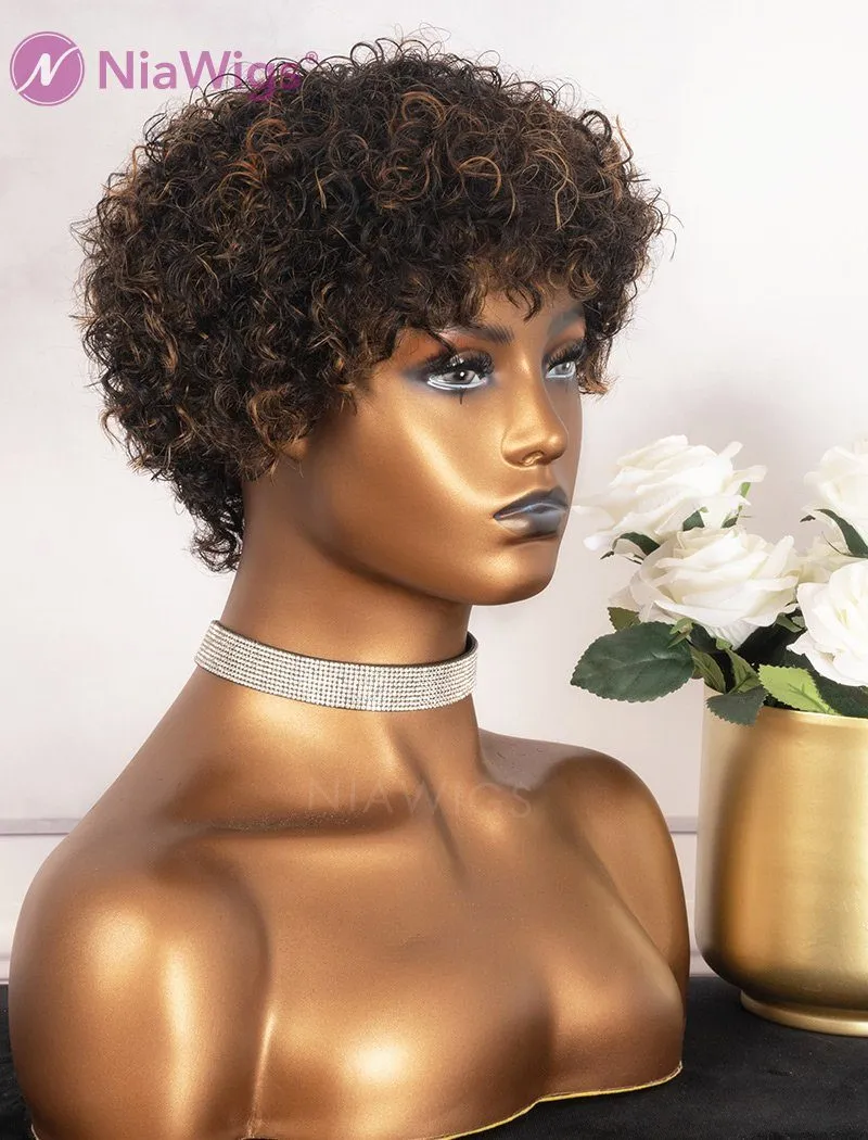 Pixie Cut Bob Human Hair Scalp Top Wig 8 Inches Curly With Bangs Machine Made