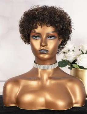 Pixie Cut Bob Human Hair Scalp Top Wig 8 Inches Curly With Bangs Machine Made