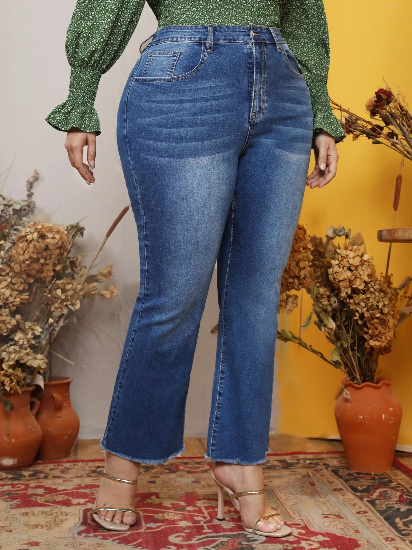 Plain Raw Hem High Waist Long Plus Size Jeans