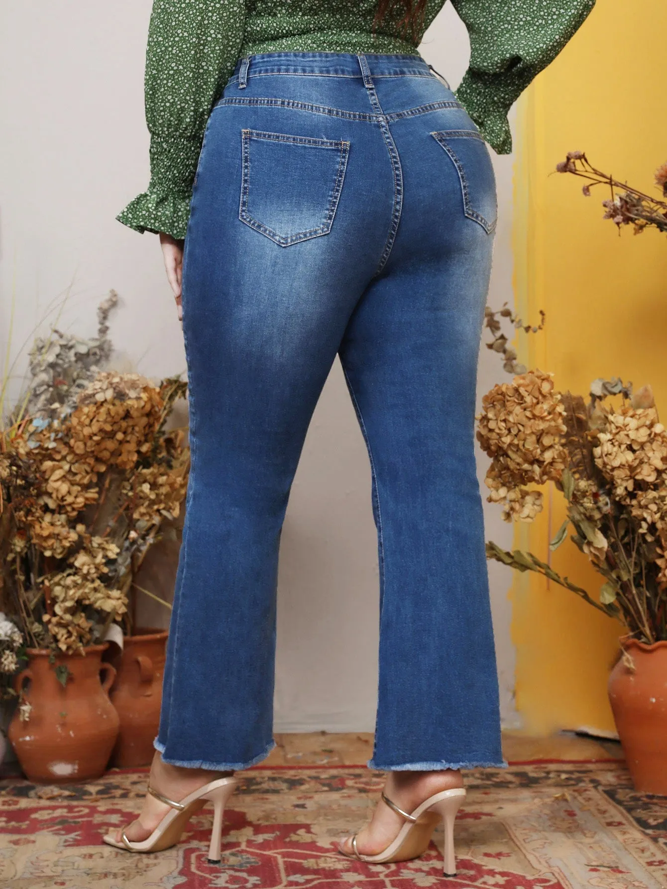 Plain Raw Hem High Waist Long Plus Size Jeans