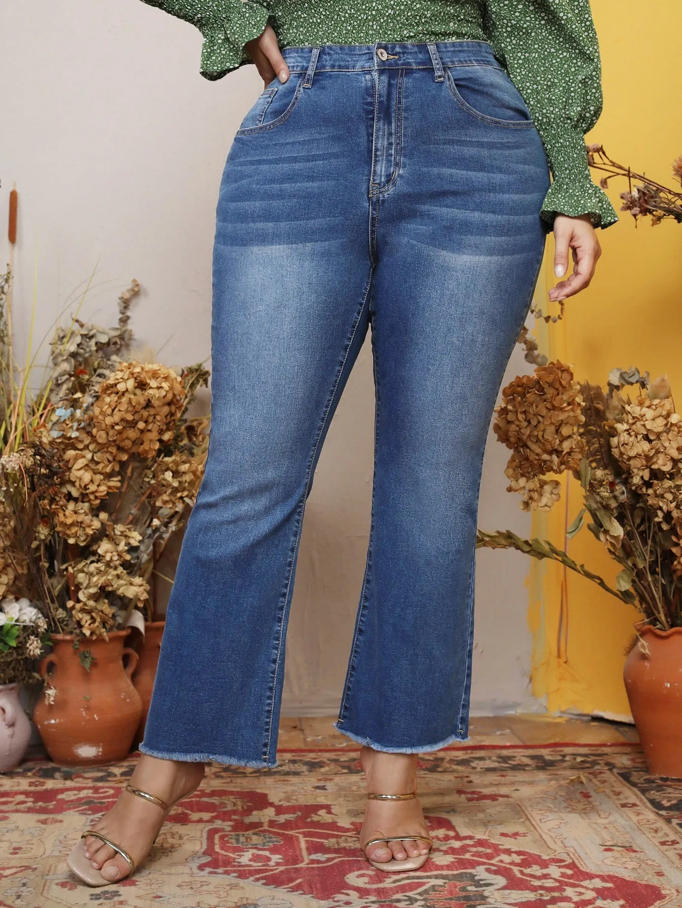 Plain Raw Hem High Waist Long Plus Size Jeans