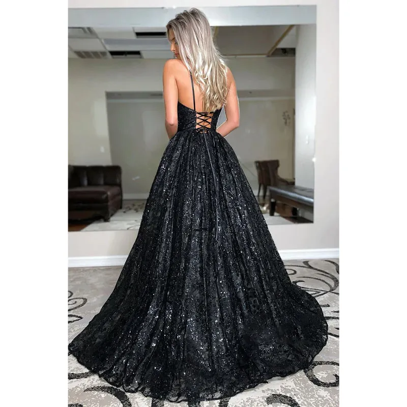 Plunging V-neck Black Lace A-line Prom Dress Glitter