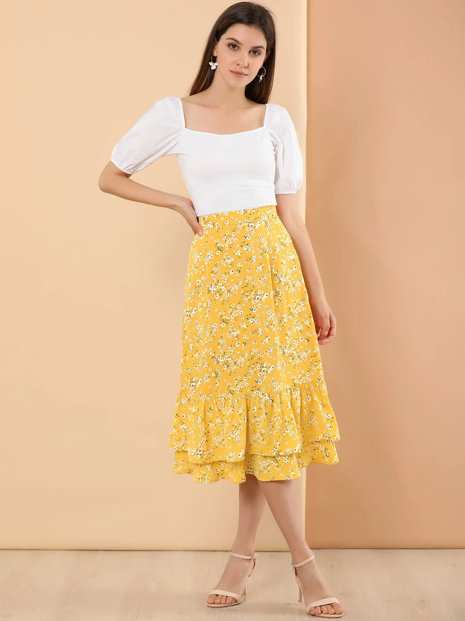 Printed Chiffon Elastic Waist Ruffle Tiered Flowy Midi Skirt