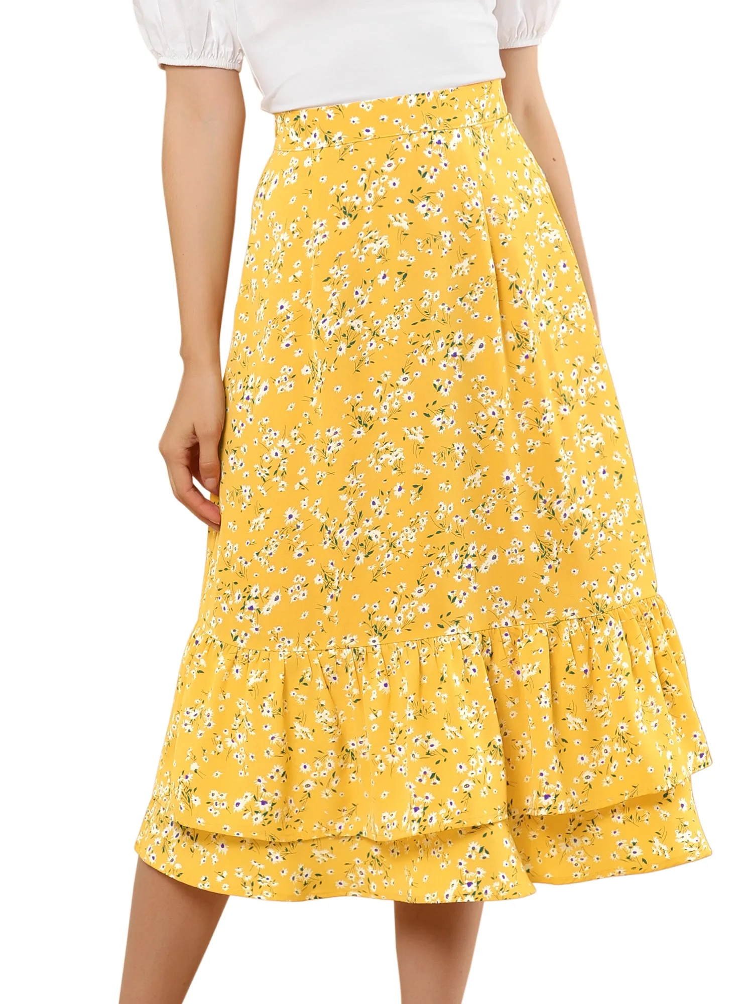 Printed Chiffon Elastic Waist Ruffle Tiered Flowy Midi Skirt