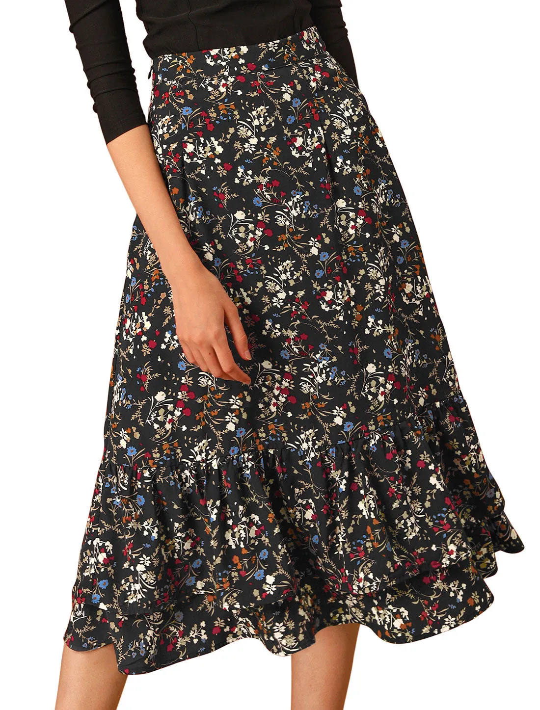 Printed Chiffon Elastic Waist Ruffle Tiered Flowy Midi Skirt