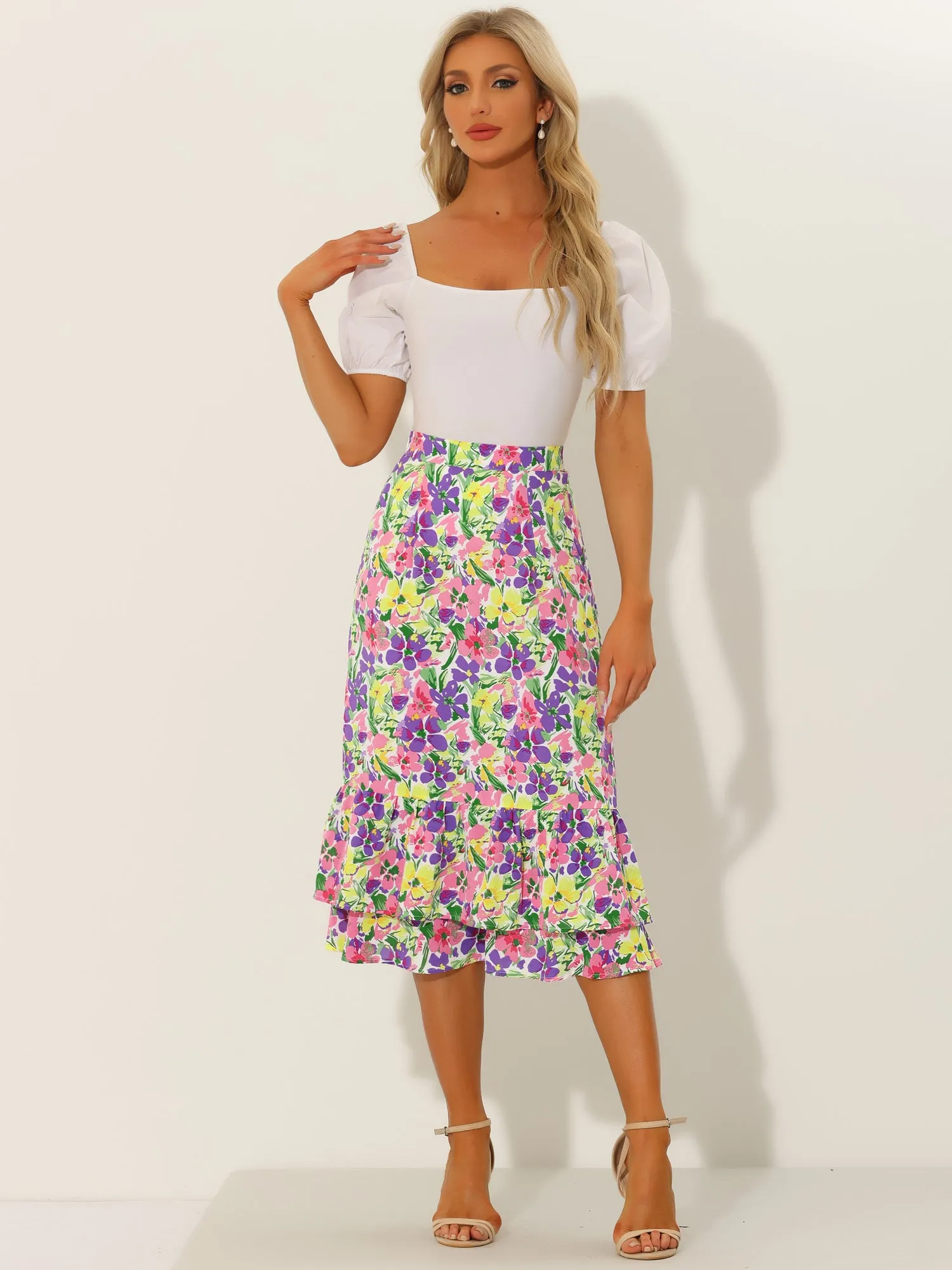 Printed Chiffon Elastic Waist Ruffle Tiered Flowy Midi Skirt