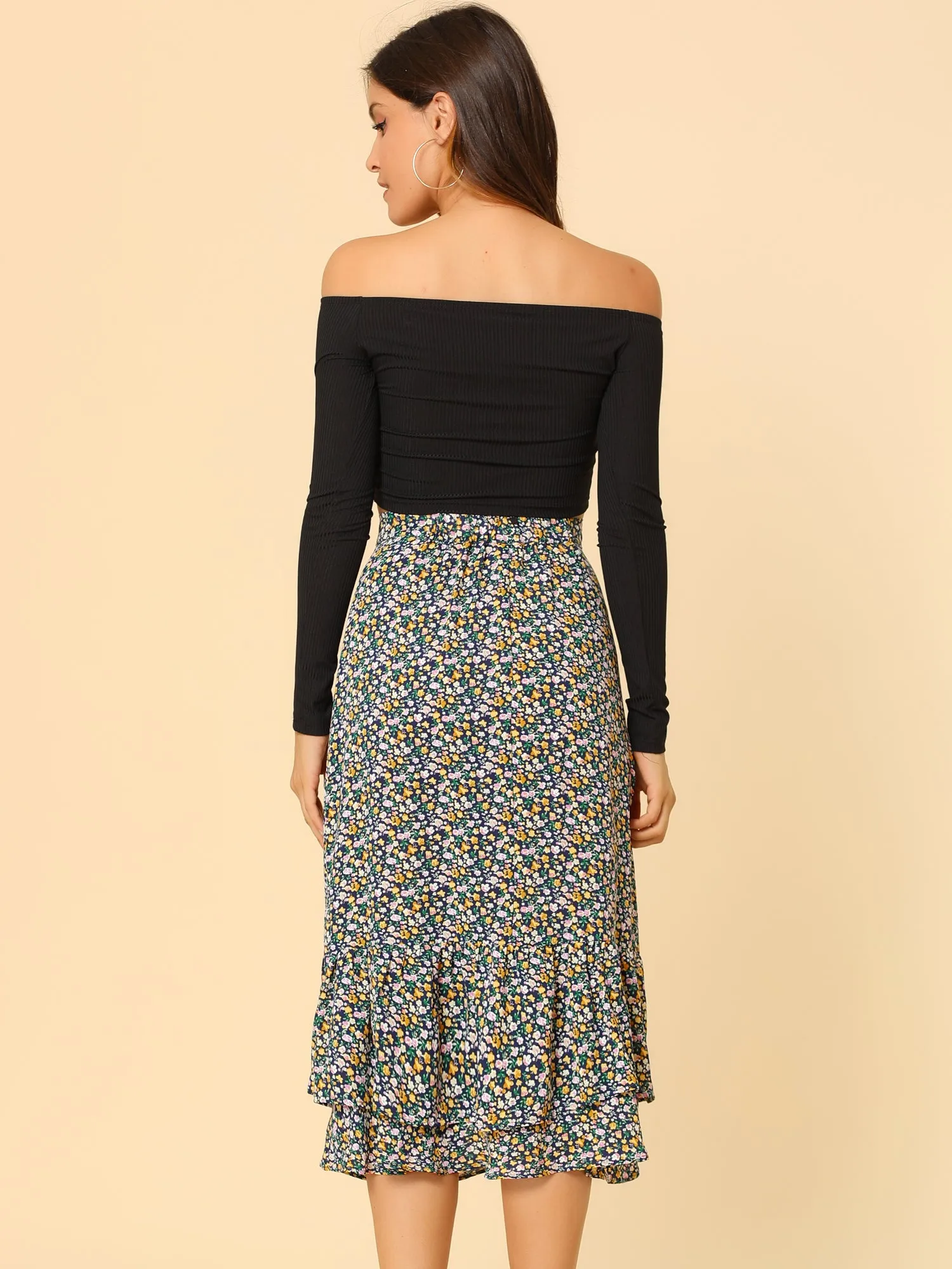 Printed Chiffon Elastic Waist Ruffle Tiered Flowy Midi Skirt