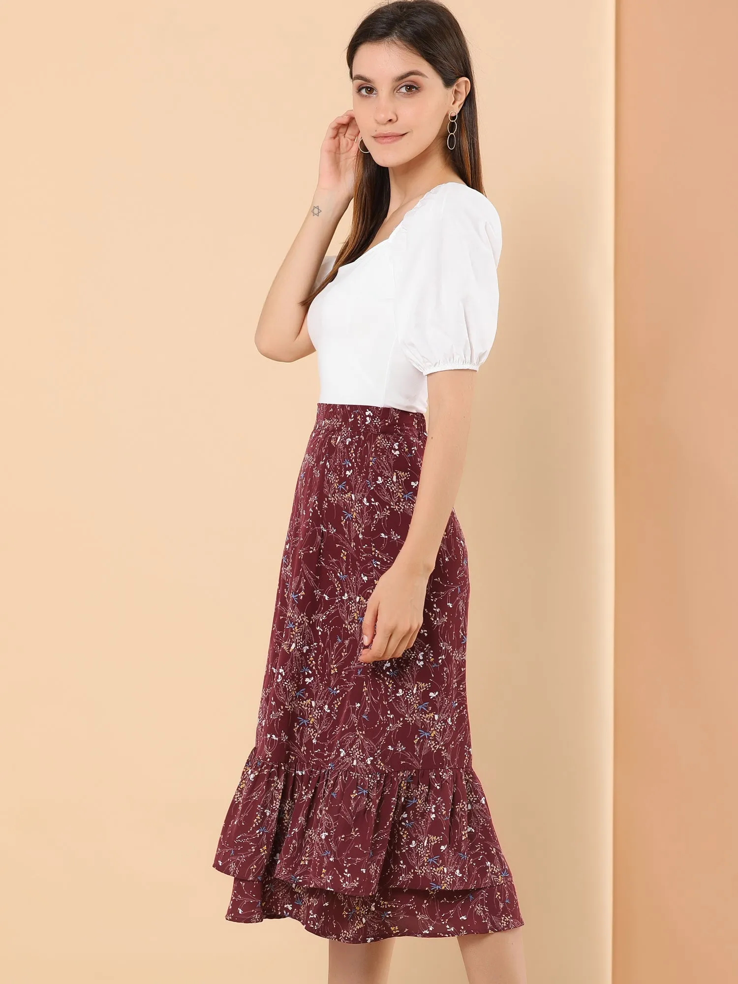 Printed Chiffon Elastic Waist Ruffle Tiered Flowy Midi Skirt