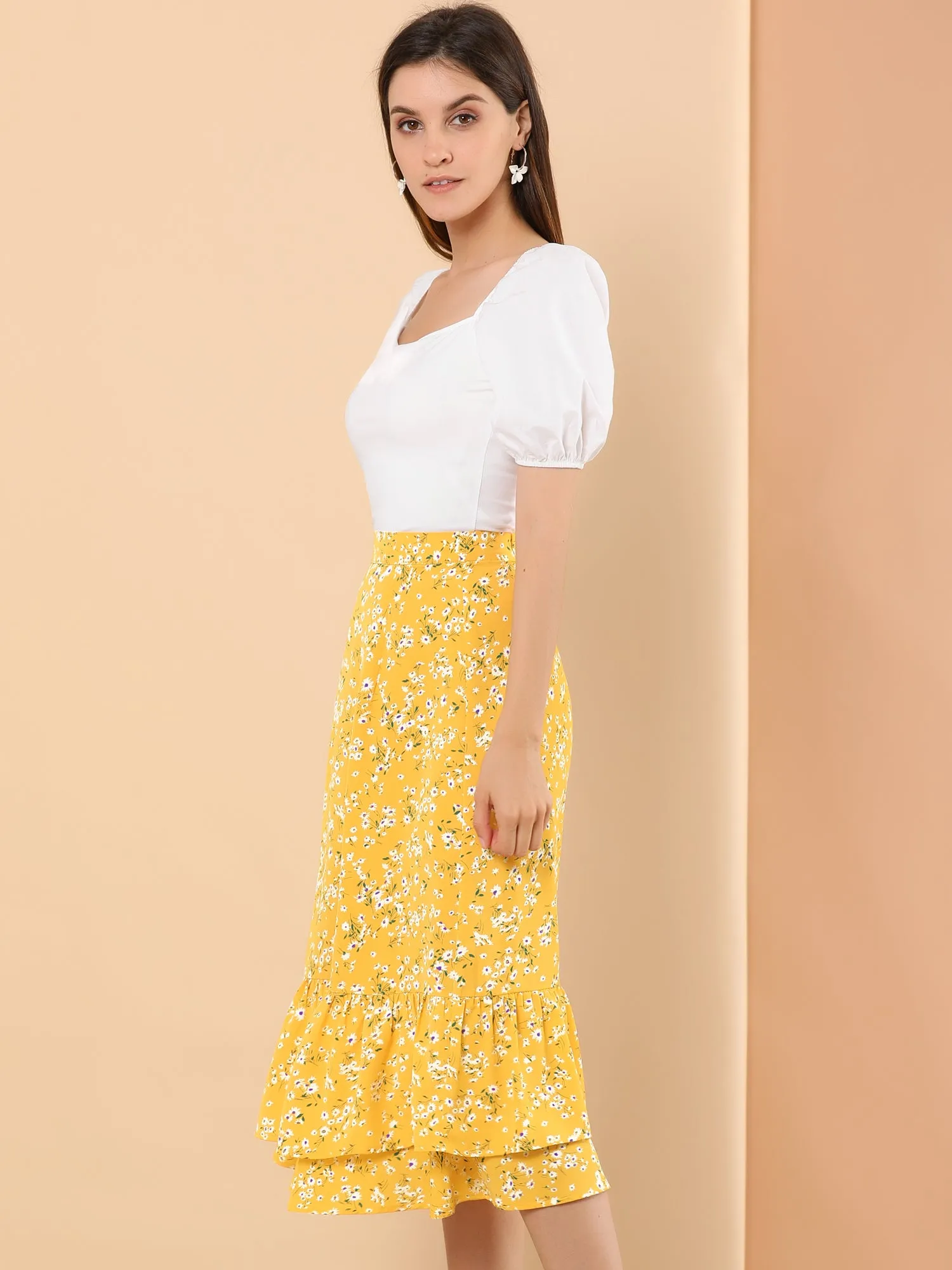 Printed Chiffon Elastic Waist Ruffle Tiered Flowy Midi Skirt
