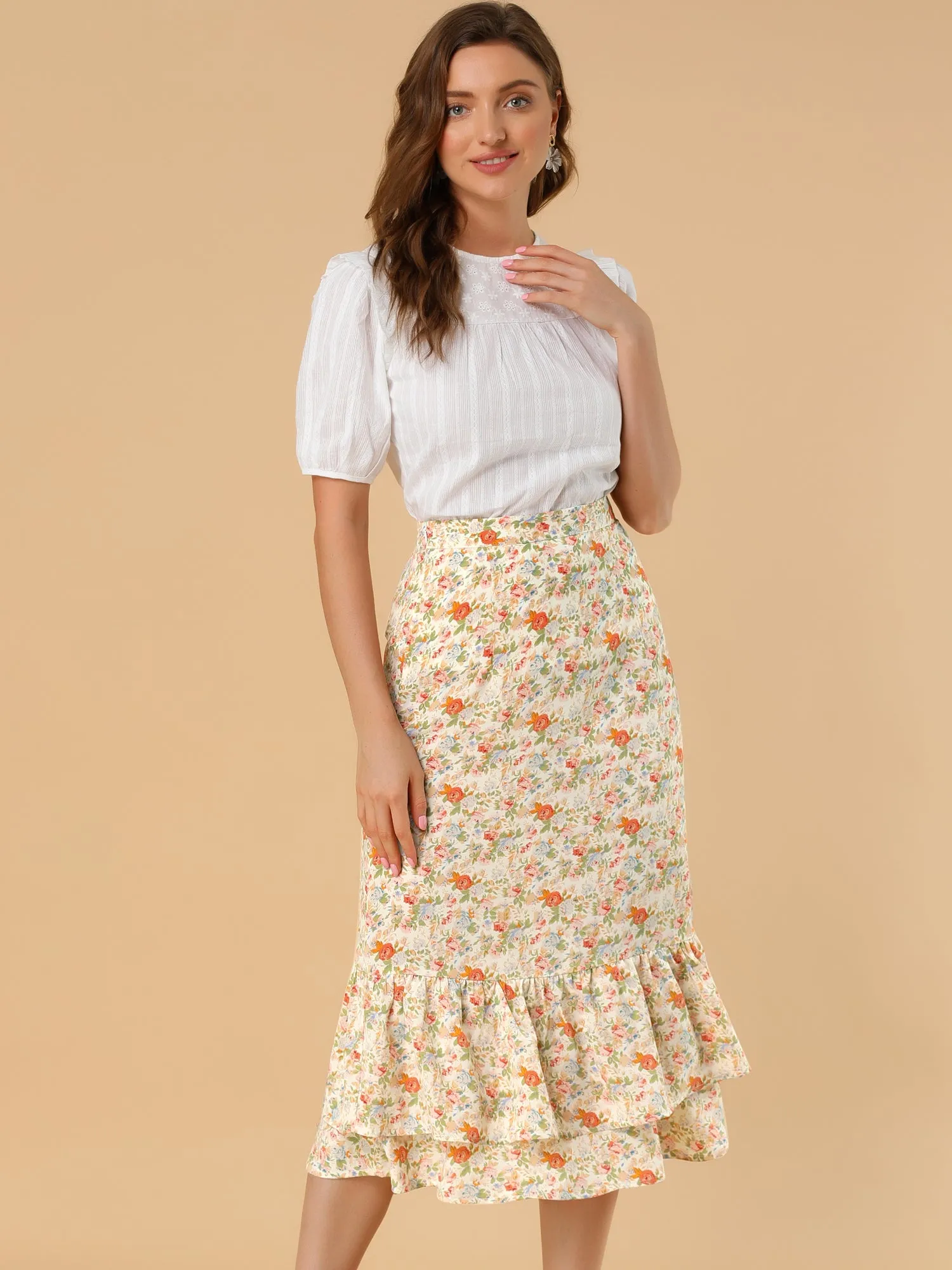 Printed Chiffon Elastic Waist Ruffle Tiered Flowy Midi Skirt