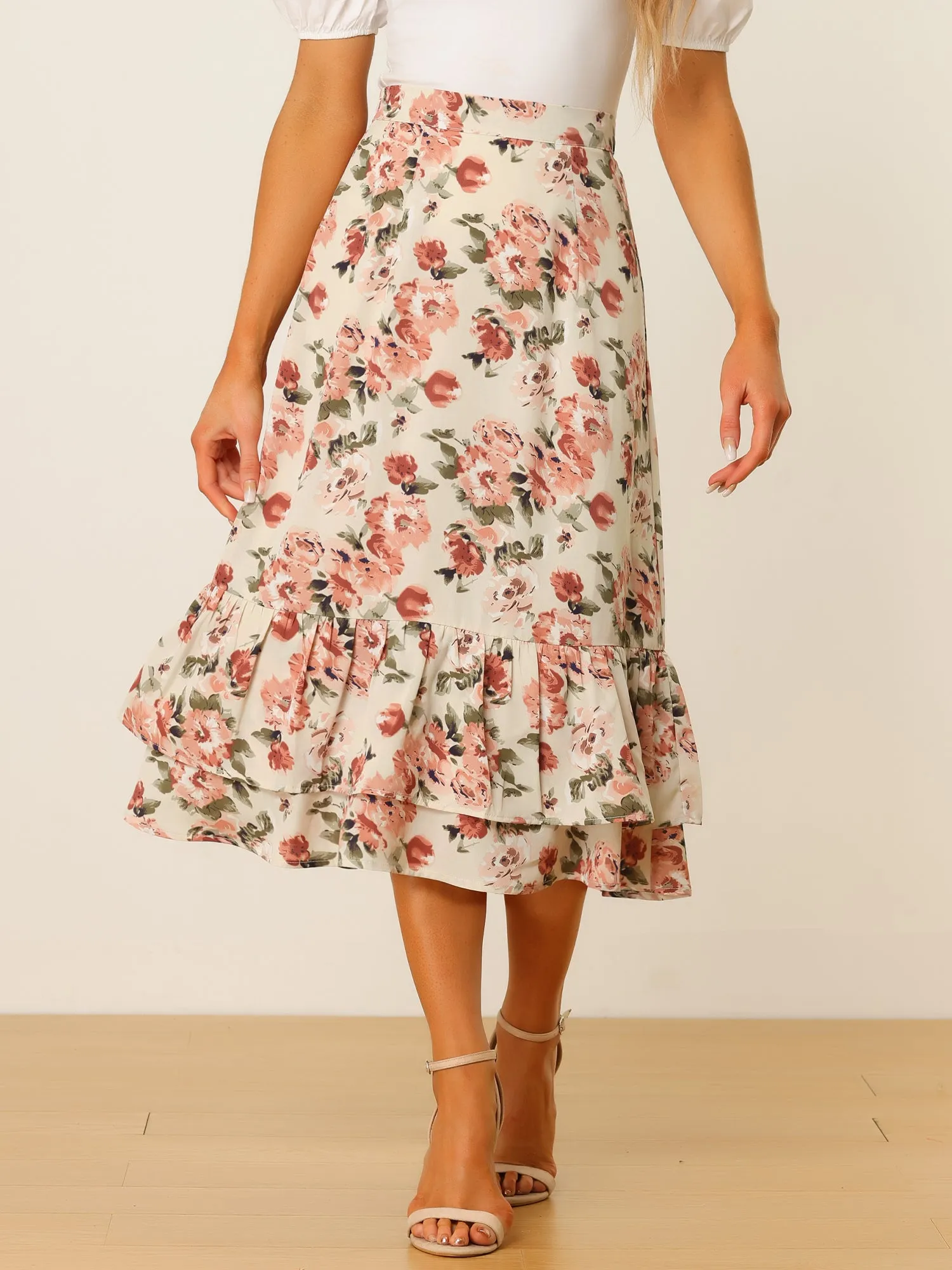 Printed Chiffon Elastic Waist Ruffle Tiered Flowy Midi Skirt