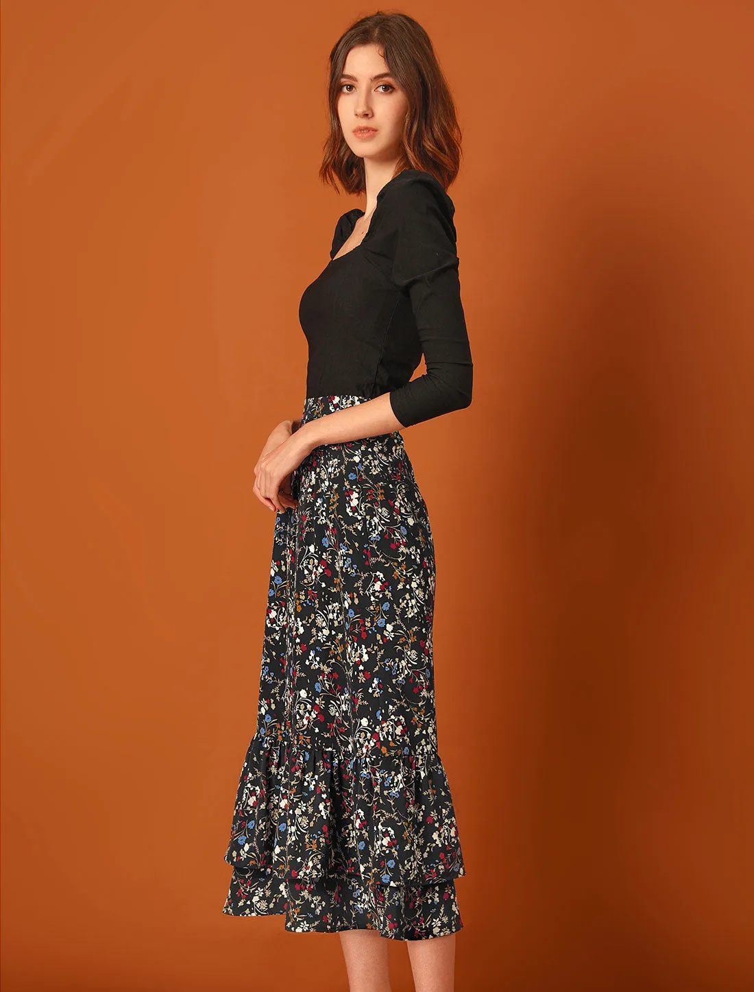 Printed Chiffon Elastic Waist Ruffle Tiered Flowy Midi Skirt