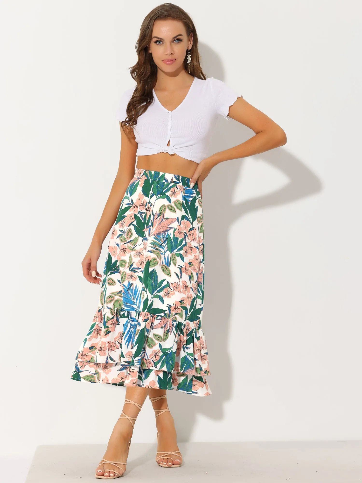 Printed Chiffon Elastic Waist Ruffle Tiered Flowy Midi Skirt