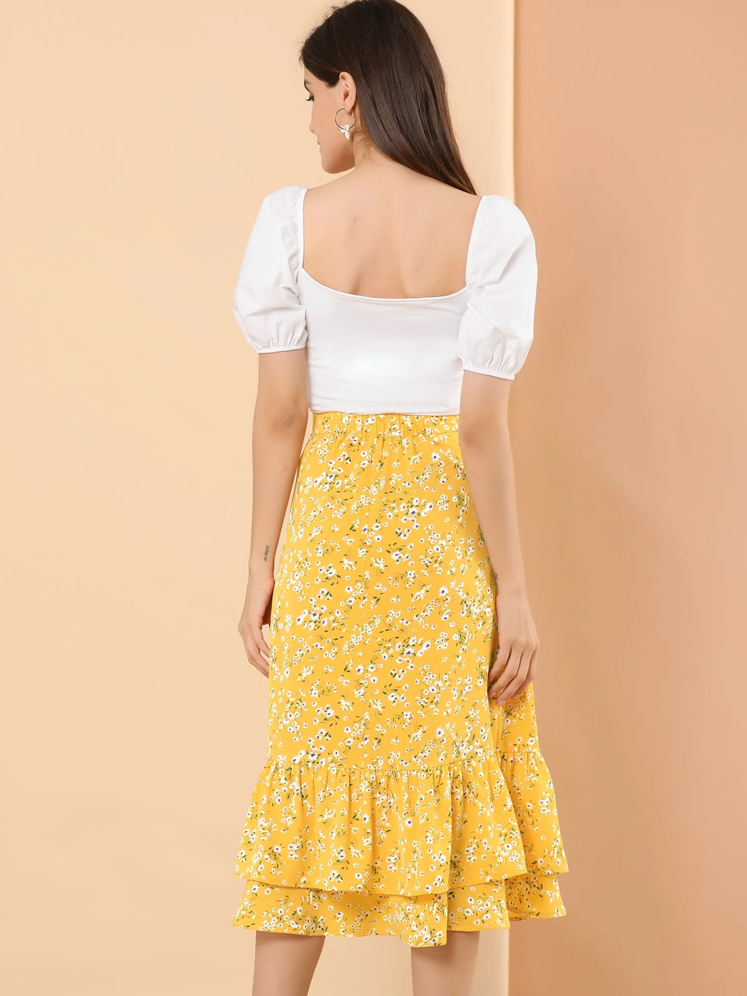 Printed Chiffon Elastic Waist Ruffle Tiered Flowy Midi Skirt