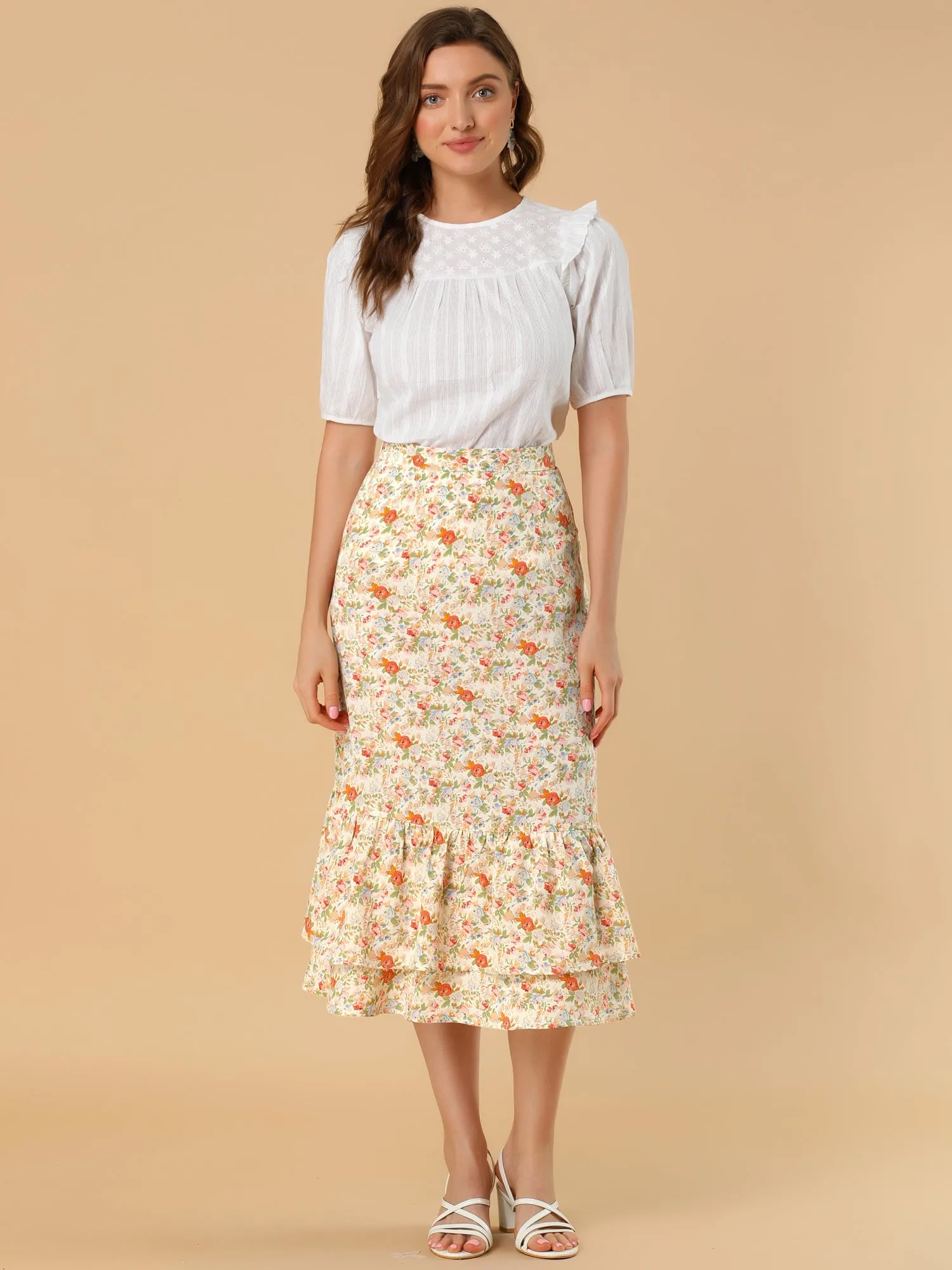 Printed Chiffon Elastic Waist Ruffle Tiered Flowy Midi Skirt