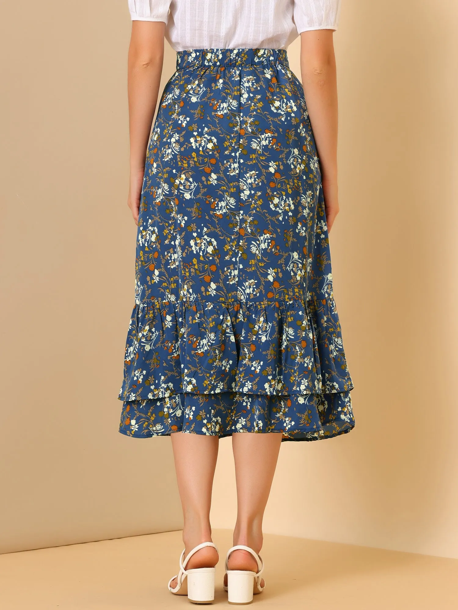 Printed Chiffon Elastic Waist Ruffle Tiered Flowy Midi Skirt