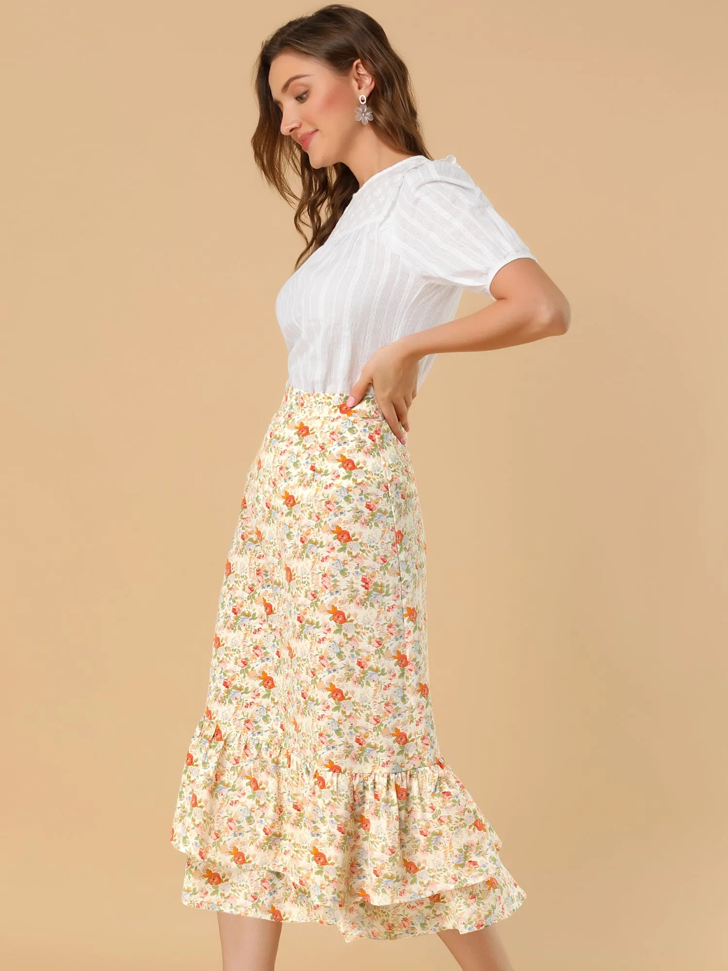 Printed Chiffon Elastic Waist Ruffle Tiered Flowy Midi Skirt