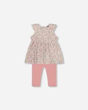 Printed Organic Cotton Tunic And Leggings Set White With Pink Flowers