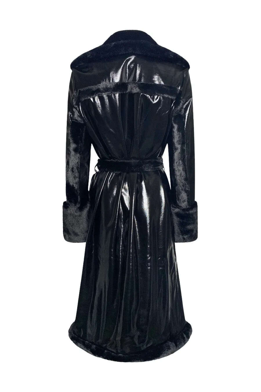 "KNOCTURNAL" Black Patent Leather & Black Vegan Fur Trench Coat