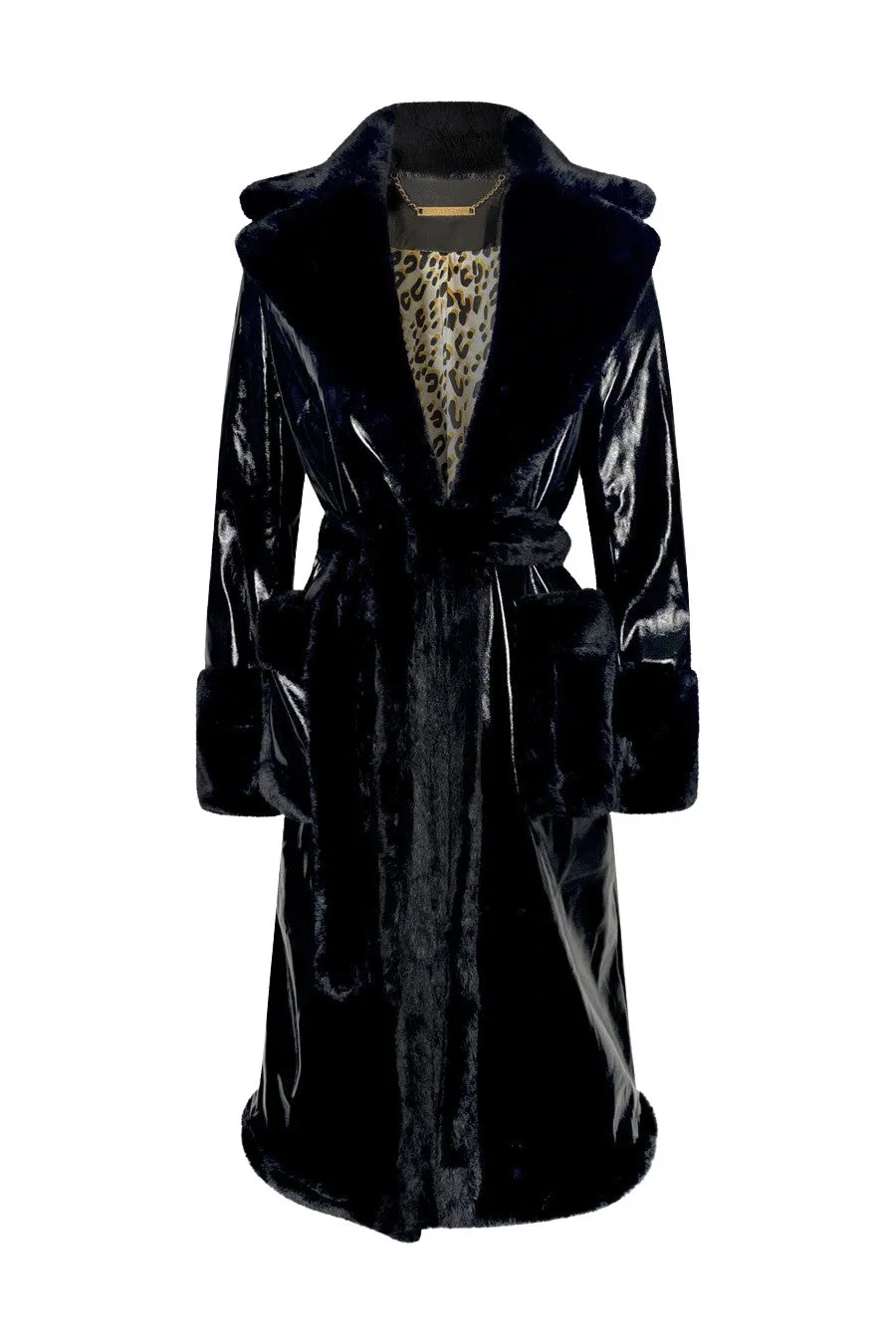 "KNOCTURNAL" Black Patent Leather & Black Vegan Fur Trench Coat