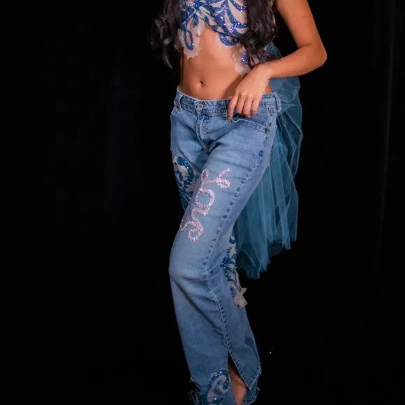 "LOVE" Damask Blue Sequined Embroidered Lace Crystal Denim Jeans