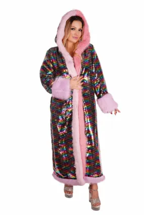 Rainbow Sequin Long Coat with Faux Fur Trim