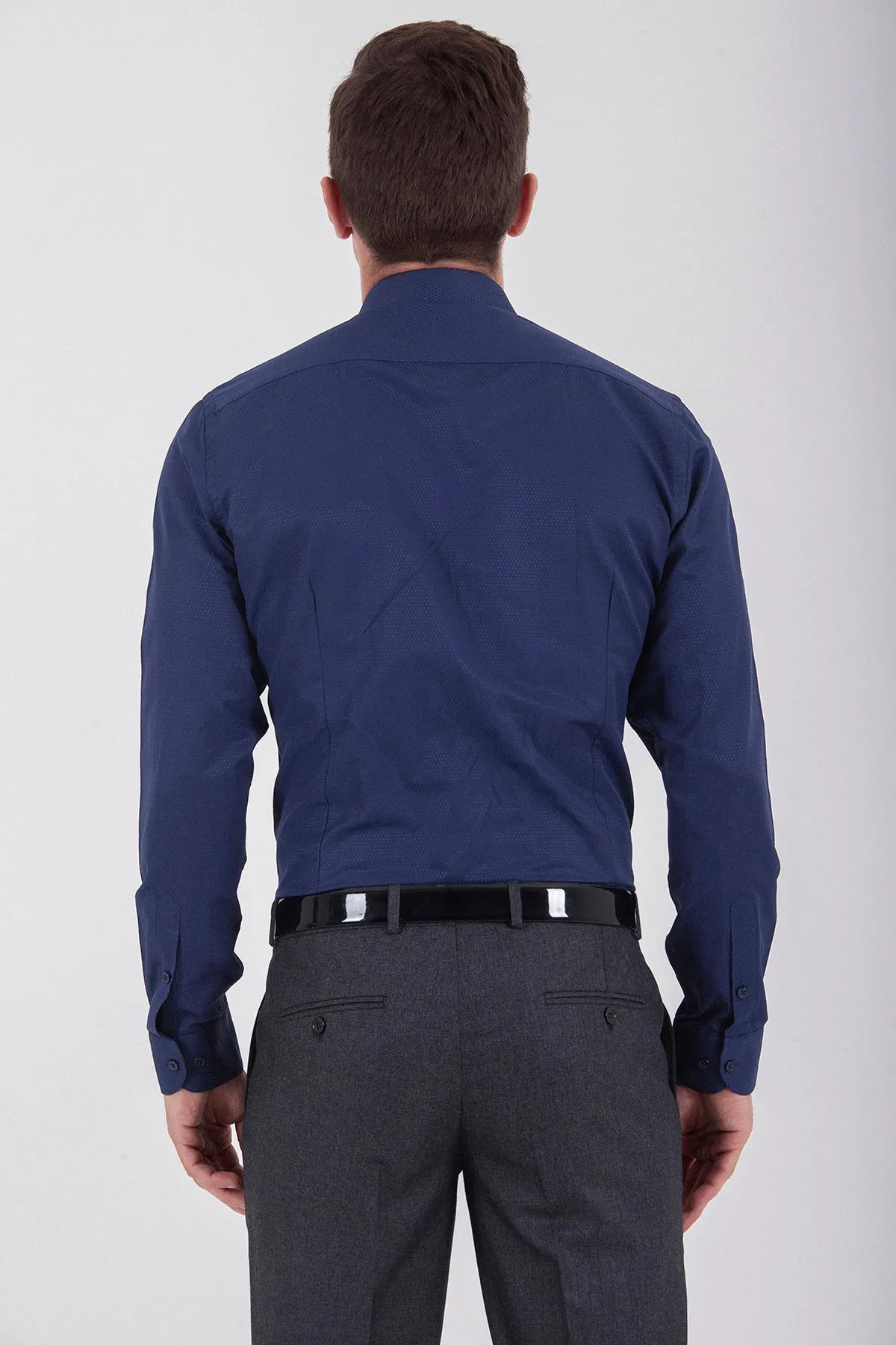 Regular Fit Long Sleeve Patterned Cotton Blend Dress Shirt, Navy D.
