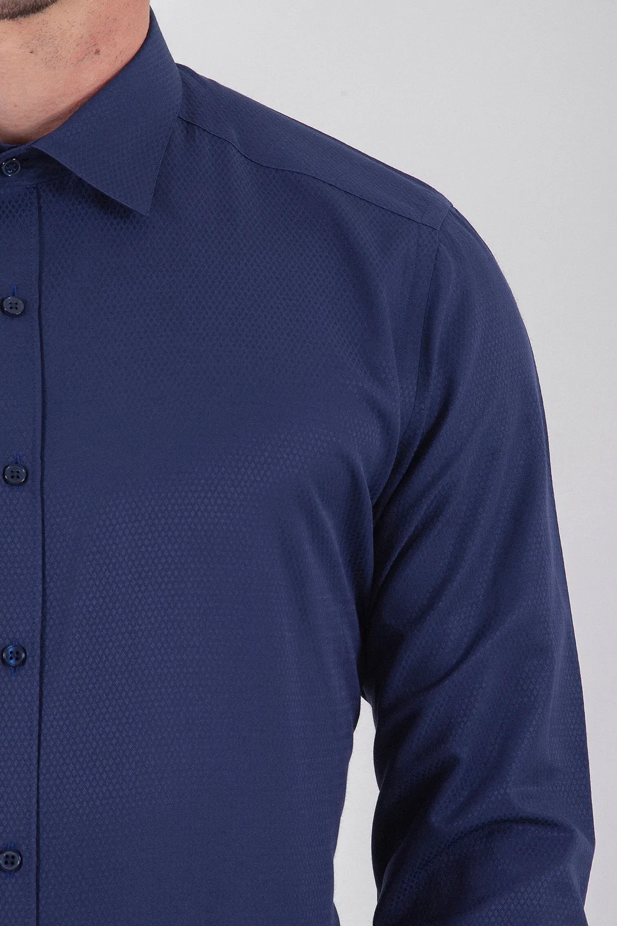 Regular Fit Long Sleeve Patterned Cotton Blend Dress Shirt, Navy D.