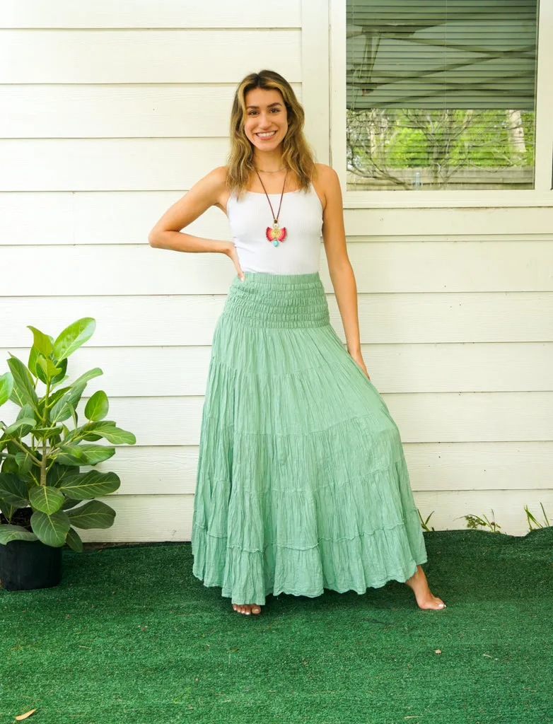 Sage Breeze Raw Crinkled Organic Cotton Gauze Tiered Maxi Skirt